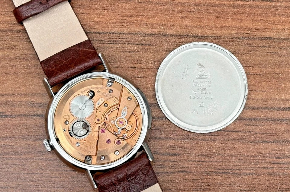 omega mens watch brown strap watch back